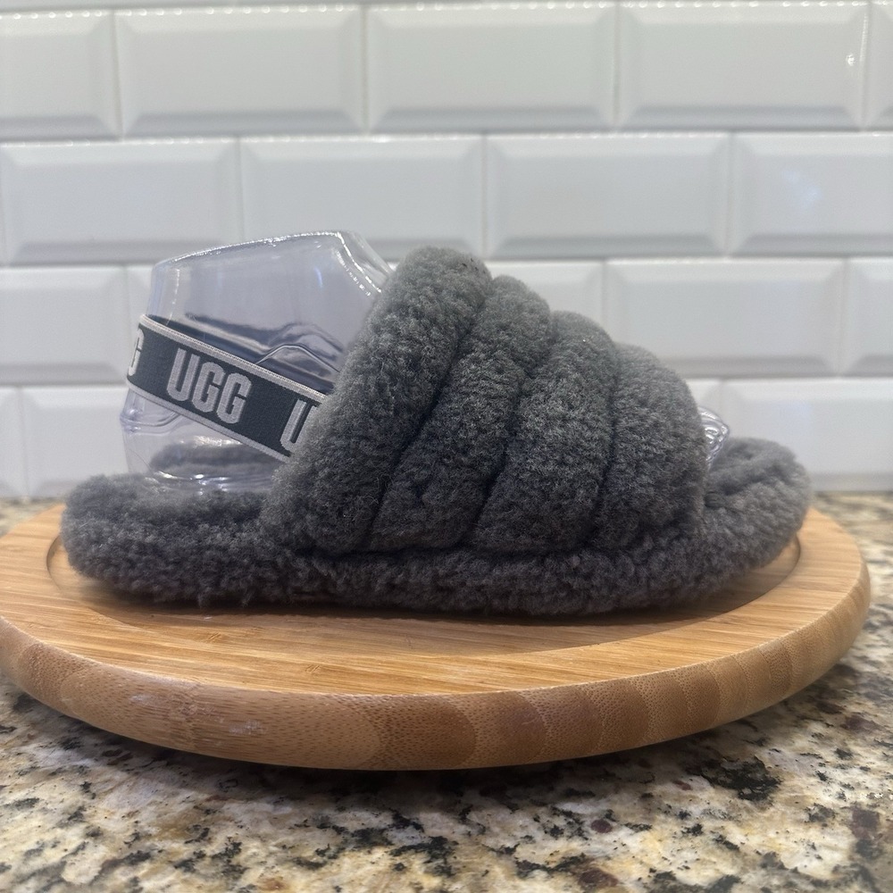Ugg Fluff Yeah Slide On Slippers Shoes Fuzzy Girls Size 5 Womens Size 6.5 Gray